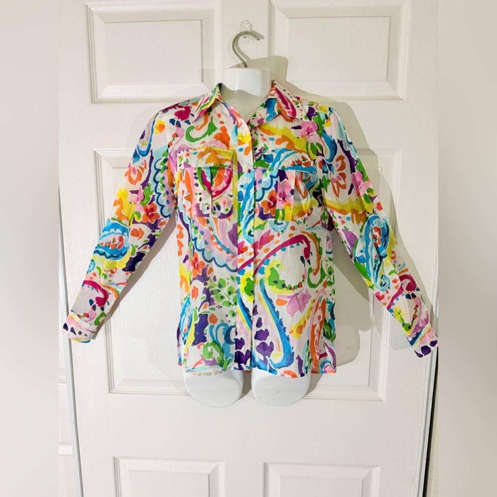 Ralph Lauren Watercolor Coastal Maximalist Resort Long Sleeve ButtonDown W XS.